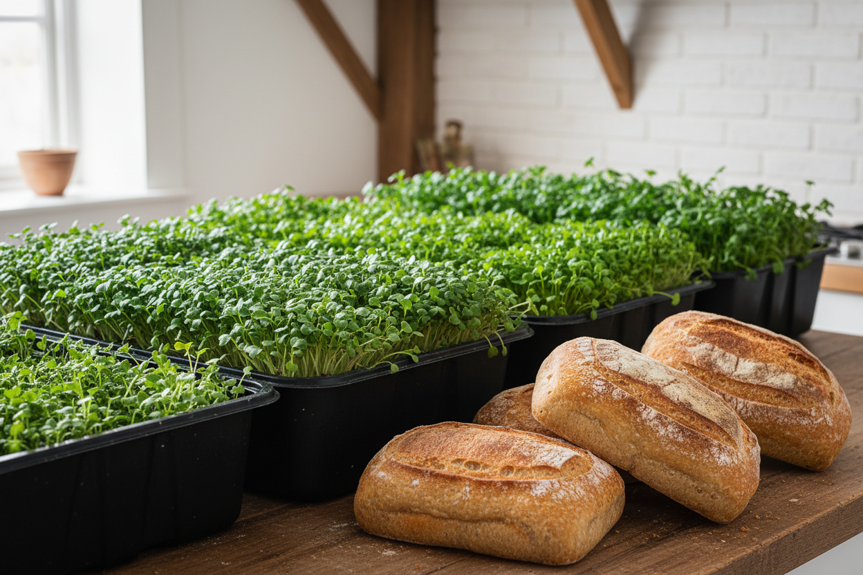 Restart. Large black trays of microgreens with a few sandwich loaves of bread. 